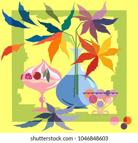 Multicolor spring still life with flowers, leafs, sweets ,vases and cream desert.
