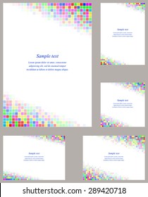 Multicolor square mosaic page corner design template set for invitation, greeting, presentation, card, letter, paper, brochure, etc.