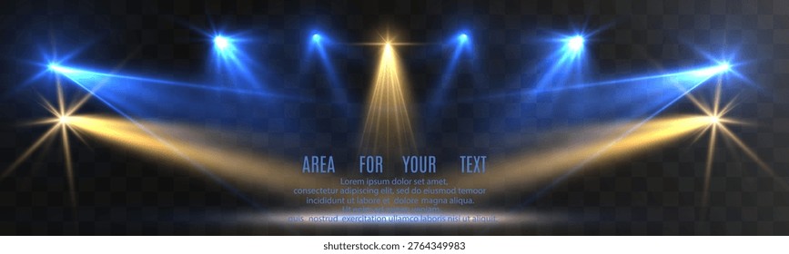 Multicolor stage spotlight background with blue and golden glowing beams and illuminated floor, dynamic presentation scene with copy space for text.