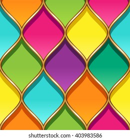 Multicolor stained glass with golden partitions. Seamless geometric pattern for your design