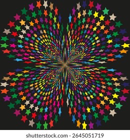 Multicolor star explosion. Abstract radiant shape. Vector optical pattern. Black contrast background.