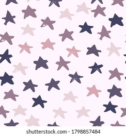Multicolor star ornament seamless pattern. Hand drawn doodle elements in navy, pink and purple soft tones on white background. Designed for wallpaper, textile, wrapping, fabric. Vector illustration.