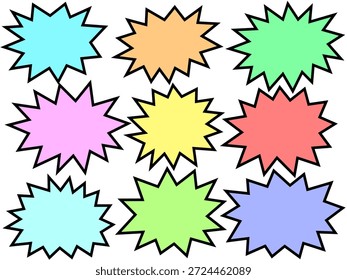 Multicolor starburst Sammlung. Vektorstarburst-Formen in lebendigen Farben, geeignet für Tags, Legenden oder visuelle Betonung in Layouts.