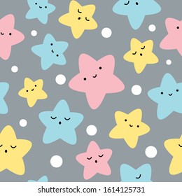 Multicolor stars, cute seamless pattern for babies, kids print. Vector illustration on grey background.