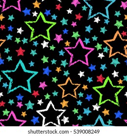 Multicolor Stars pattern on black background. Repeated backdrop for girls. boys, fashion clothes, t shirt, child, paper. Girlish chaotic abstract seamless ornament.Creative original design 