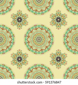 Multicolor stars seamless pattern on a beige retro background. Abstract vector bright multicolored design for wallpaper, Christmas decoration, confetti, textile, wrapping. Symbol of holiday.