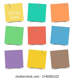 Multicolor sticky note with paper clip and shadow . Flat color . White isolated background . Vector .