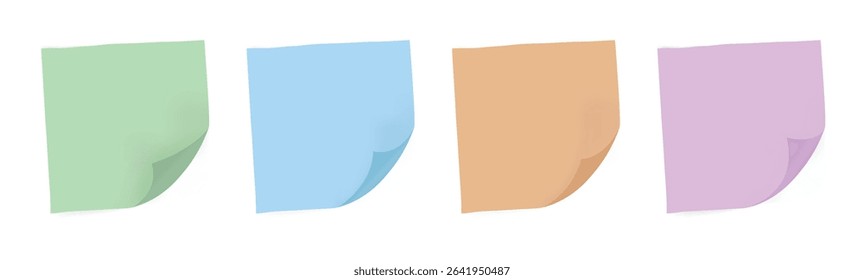 Multicolor Sticky Notes Set with Curled Corners Isolated on White Background – Vector Paper Memo Reminder Icon Pack