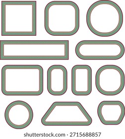 Multicolor stitched outline shapes and rounded frames set. Decorative geometric borders with handmade embroidery style. Creative UI elements for festive design, web and graphic layouts.