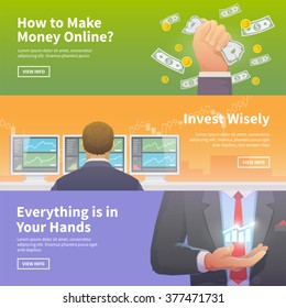 Multicolor stock exchange trading set of web banners. Equity market. World economy major trends. Modern flat design. Make money. Invest wisely. Everything is in Your Hands.