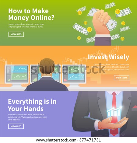 Multicolor stock exchange trading set of web banners. Equity market. World economy major trends. Modern flat design. Make money. Invest wisely. Everything is in Your Hands.