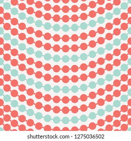 Multicolor strands of pearls alternate between coral and turquoise in this seamless vector pattern. Pretty, feminine, swagged necklace background. For fashion, home decor, textiles and stationery use.