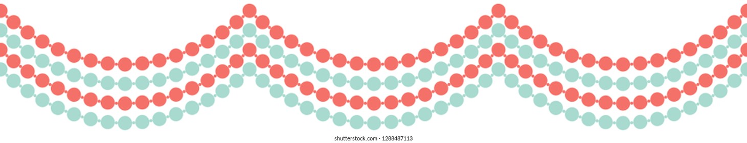 Multicolor strands of pearls alternate between coral and turquoise in this seamless vector border. Pretty, feminine, swagged necklace background. For fashion, home decor, textiles and stationery use.