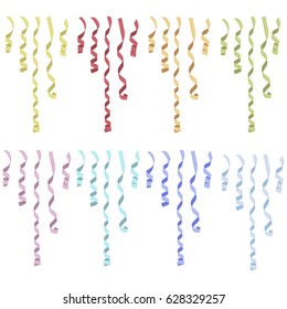 Multicolor streamers collection in flat style. Curling Paper Streamer Set. Colorful serpentine ribbons, isolated on white background in flat colors. Decoration for party, birthday or Christmas