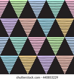 Multicolor striped triangles on black backdrop seamless vector pattern. Geometric colorful abstract background. Triangles with uneven stripes, streaks, bars texture.