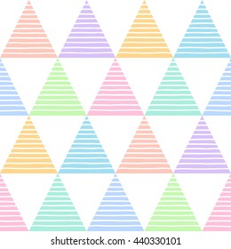 Multicolor striped triangles seamless vector pattern. Geometric colorful abstract background. Triangles with uneven stripes, streaks, bars texture.