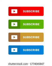 Multi-color subscribe buttons with video play icon for website newsletter and video channel subscription. Vector button set in red, green, blue and brown for web and app user interface design.