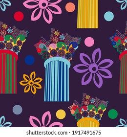 multicolor summer cooling pillars and flowers seamless pattern