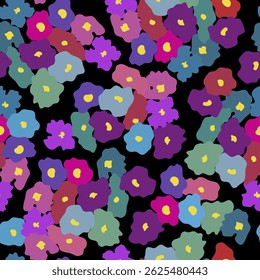 Multicolor summer textile print with cute small hand drawn florets on black background. Artistic floral seamless pattern in liberty style. Stylish multicolored palette. For textile, cover. Vector.