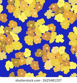 Multicolor summer textile print with gold and yellow hand drawn florets on blue background. Artistic floral seamless pattern in liberty style. Stylish multicolored palette. For textile, cover. Vector.