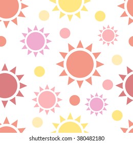Multicolor suns seamless pattern on white. Star shapes background. Textile, package, wrapping texture. Repeatable tiles. EPS 8 vector illustration, no transparency