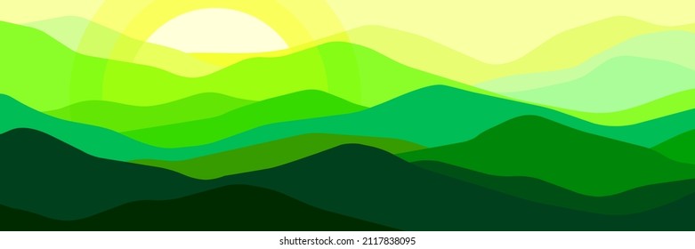 Multicolor sunset in mountains. Panorama, translucent waves, abstract green glass shapes, modern background, vector design Illustration for you project