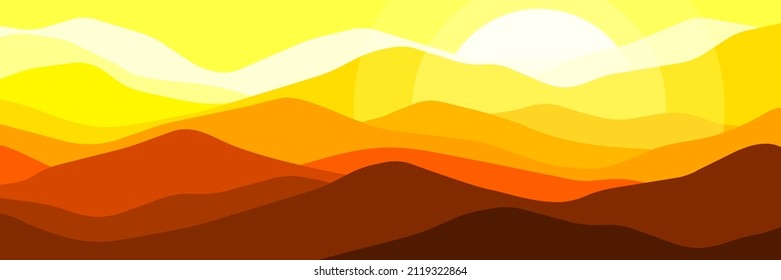 Multicolor sunset in sand mountains. Panorama, translucent waves, abstract yellow glass shapes, modern background, vector design Illustration for you project