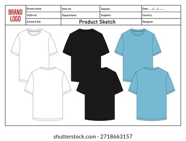 Camiseta multicolor dibujo técnico Ilustración vectorial Plantilla delantero y trasero