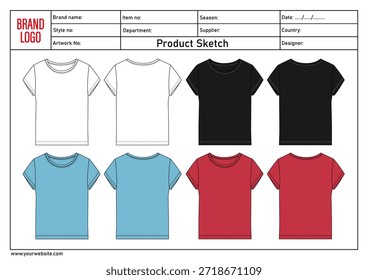 Modelo de ilustração vetor de desenho técnico de camisa multicolor para senhoras