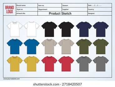 Camiseta multicolor Ilustración vectorial Plantilla vistas frontal y trasera