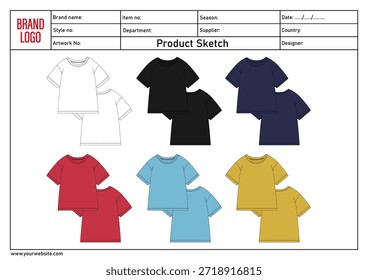 Camiseta multicolor Ilustración vectorial Plantilla vista frontal y trasera