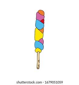 Mehrfarbiges, leckeres Sommereis. Lieblingsnachtisch.  Vektorillustration, handgezeichnet, einzeln auf weißem Hintergrund. Großartiges Design für Café, T-Shirt-Druck, Süßwarenladen, Einladungen, Karten.