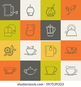 Multicolor tea line vector icons set