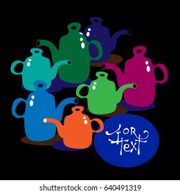 Multicolor teapots and oval banner for text, isolated flat illustration on a black background. Vector for design cafe, menu, cover cookery book.