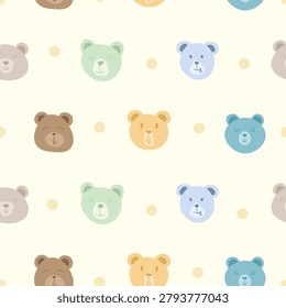 multicolor teddy bear face seamless pattern with polka dots on bright yellow background for textile, wallpaper, stationery and children's products
