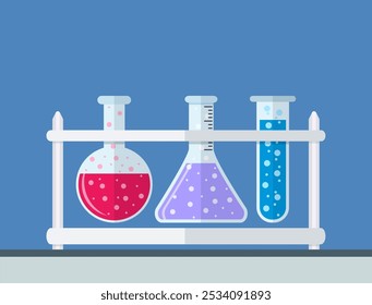 Tubos de ensayo multicolores que burbujean el líquido brillante en el estante. Ciencia, educación, química, experimento, concepto de laboratorio. Ilustración vectorial en diseño plano