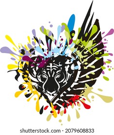 Multicolor tiger head splashes for emblems or prints on T-shirts. Roaring tiger head symbol in heart form  with wing element for tattoos, textiles, logos, labels, graphics on vehicle, shield, etc.