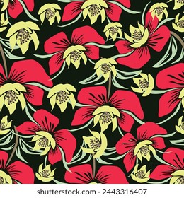 Multicolor tone solid abstract small chrysanthemum flower and big hibiscus with dark tosca color background, all over illustration digital image