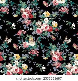 Multicolor tone solid abstract tiny flower and big roses with dark color background, design illustration vector digital image for textile or wrapping paper printing factory