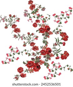 multicolor trailing wild flowers with leaves. floral motif painted in watercolor