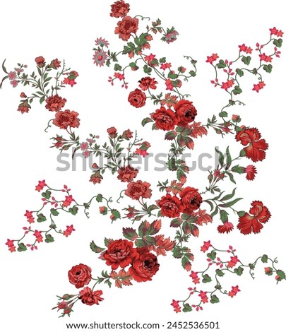 multicolor trailing wild flowers with leaves. floral motif painted in watercolor