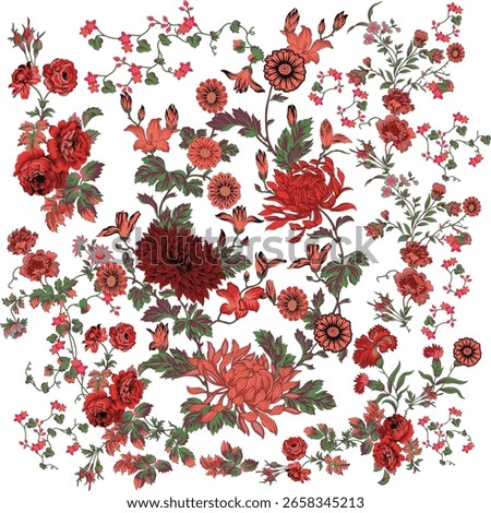 multicolor trailing wild flowers with leaves. floral motif painted in watercolor