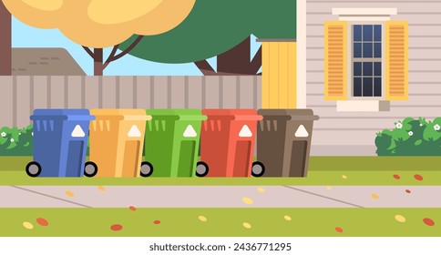 Multicolor trash cans in house backyard. Separation recycle concept flat illustration