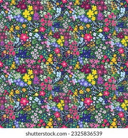 Multicolor trendy seamless botanical textile print. meadow flowers fabric pattern of small assorted flowers, ditsy style, hand drawn, vector. Small particles of flowers in a flower carpet. 