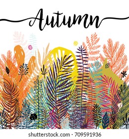 Multicolor trendy tropical autumn background, exotic leaves. Vector botanical illustration, Great design element for congratulation cards, banners and flyers.