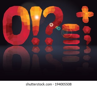 Multicolor  Triangles-polygons numbers  0 and marks on  volume Dark  background.The effect of mirror reflection,glow.Hot colors. The vector.