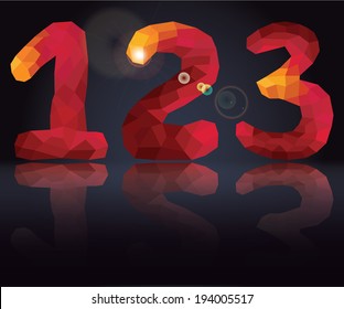 Multicolor  Triangles-polygons numbers 1,2,3 on  volume Dark  background.The effect of mirror reflection,glow.Hot colors.The vector.