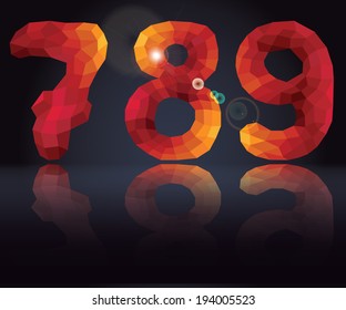 Multicolor  Triangles-polygons numbers 7,8,9 on  volume Dark  background.The effect of mirror reflection,glow.Hot colors. The vector.