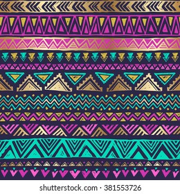 multicolor tribal doodle seamless vector pattern with gold elements. aztec abstract geometric art print. ethnic hipster backdrop. Wallpaper, cloth design, fabric, paper, cover, textile. hand drawn.  