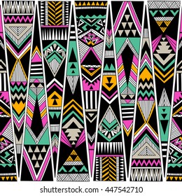 multicolor tribal Navajo vector seamless pattern. aztec fancy abstract geometric art print. ethnic hipster backdrop. Wallpaper, cloth design, fabric, paper, cover, textile, weave, wrapping. Hand drawn
